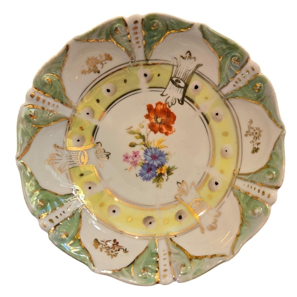 Antique JPF Germany Porcelain Floral Scalloped Saucers Gold Gilt Set of 2 5.25"‎